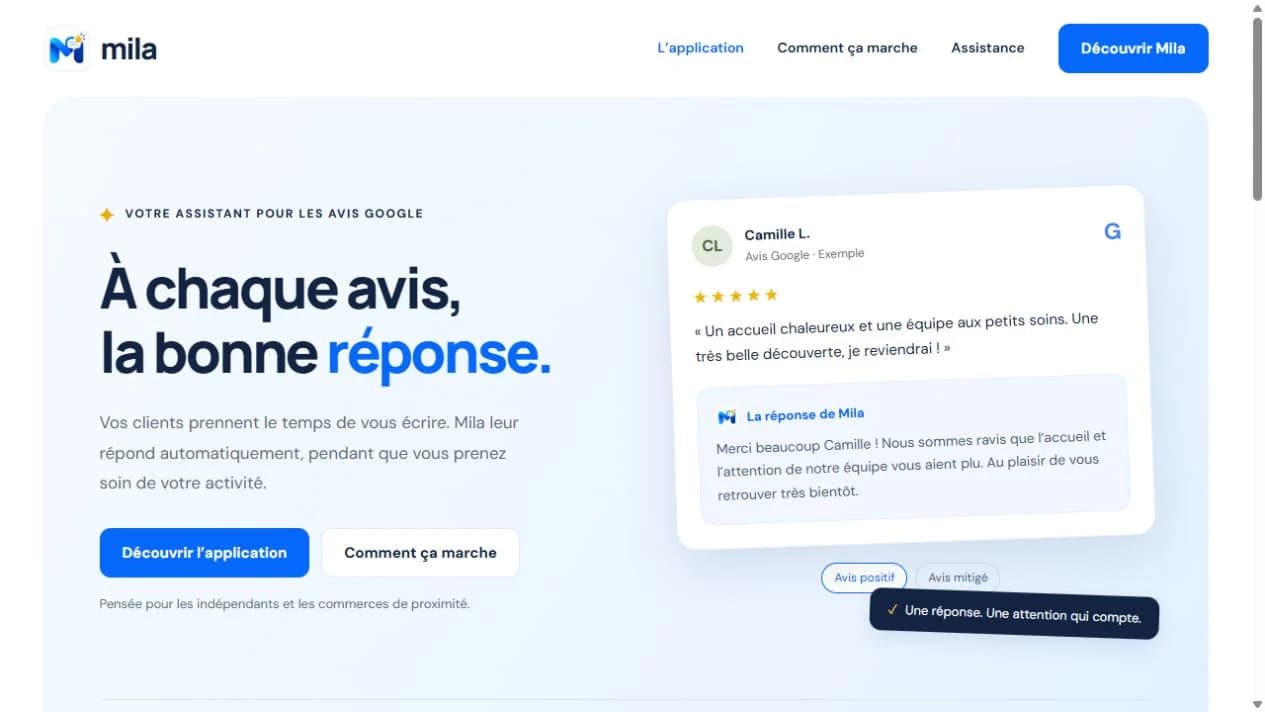Site Mila présentant notre application dédiée aux avis Google